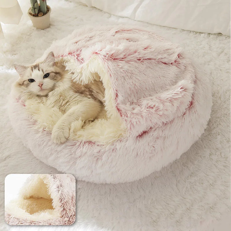 Plush Cat Bed Warm Soft Bed for Cats Small Dogs Round Pet Nest House With Lid Kitten Cave Puppy Kennel Cushion Cat Accessories
