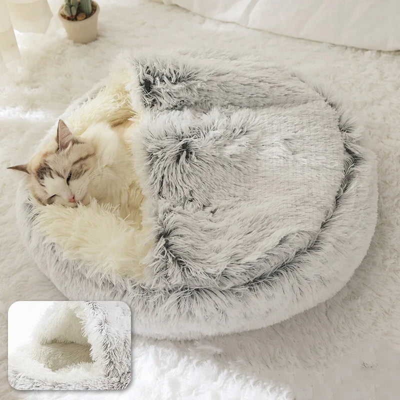 Plush Cat Bed Warm Soft Bed for Cats Small Dogs Round Pet Nest House With Lid Kitten Cave Puppy Kennel Cushion Cat Accessories