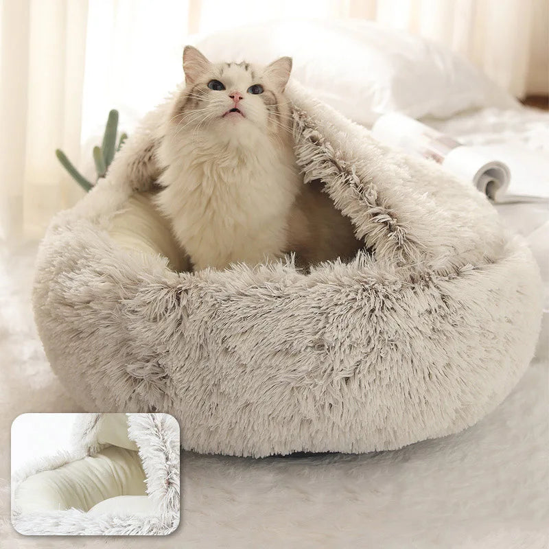 Plush Cat Bed Warm Soft Bed for Cats Small Dogs Round Pet Nest House With Lid Kitten Cave Puppy Kennel Cushion Cat Accessories