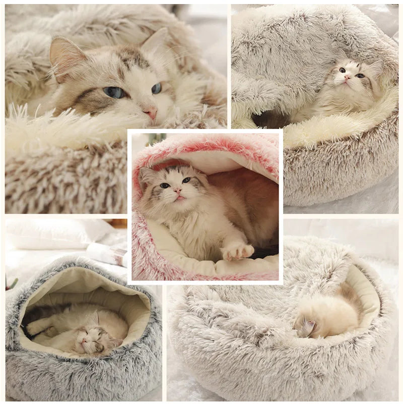 Plush Cat Bed Warm Soft Bed for Cats Small Dogs Round Pet Nest House With Lid Kitten Cave Puppy Kennel Cushion Cat Accessories