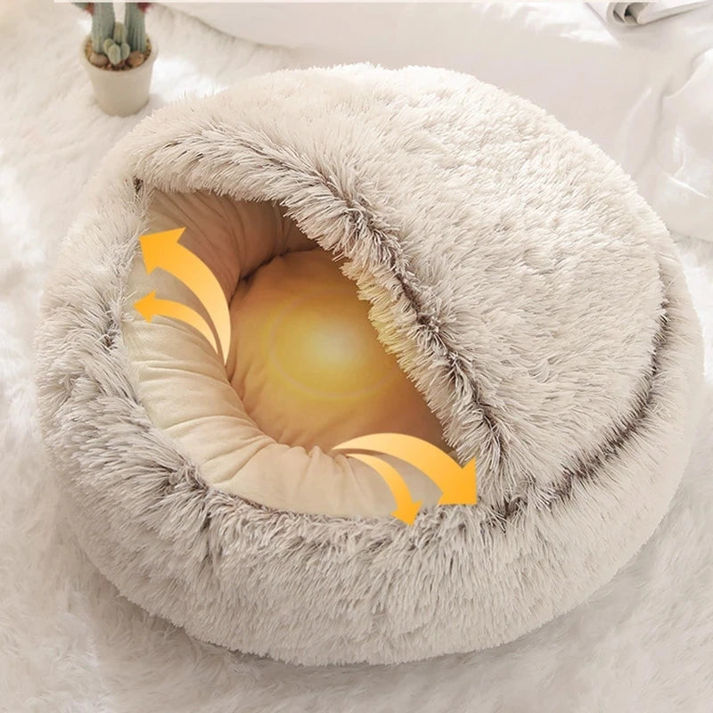 Plush Cat Bed Warm Soft Bed for Cats Small Dogs Round Pet Nest House With Lid Kitten Cave Puppy Kennel Cushion Cat Accessories