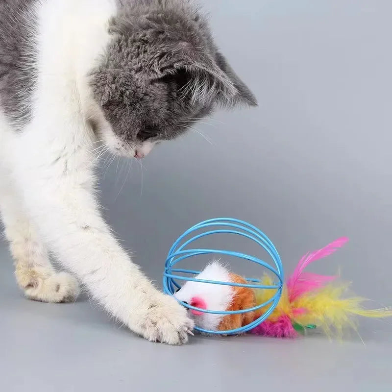 Funny Feather Mice Ball Cage For Kitten Creative Playing Toys Pet Products Play Cat Mouse Toy