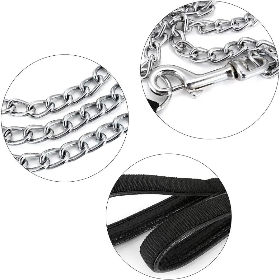 Chain Dog Leash 4FT Heavy Duty Chain Link Dog Leash Anti Chew Durable Chain Leash with Black Comfortable Soft Padded Handle for