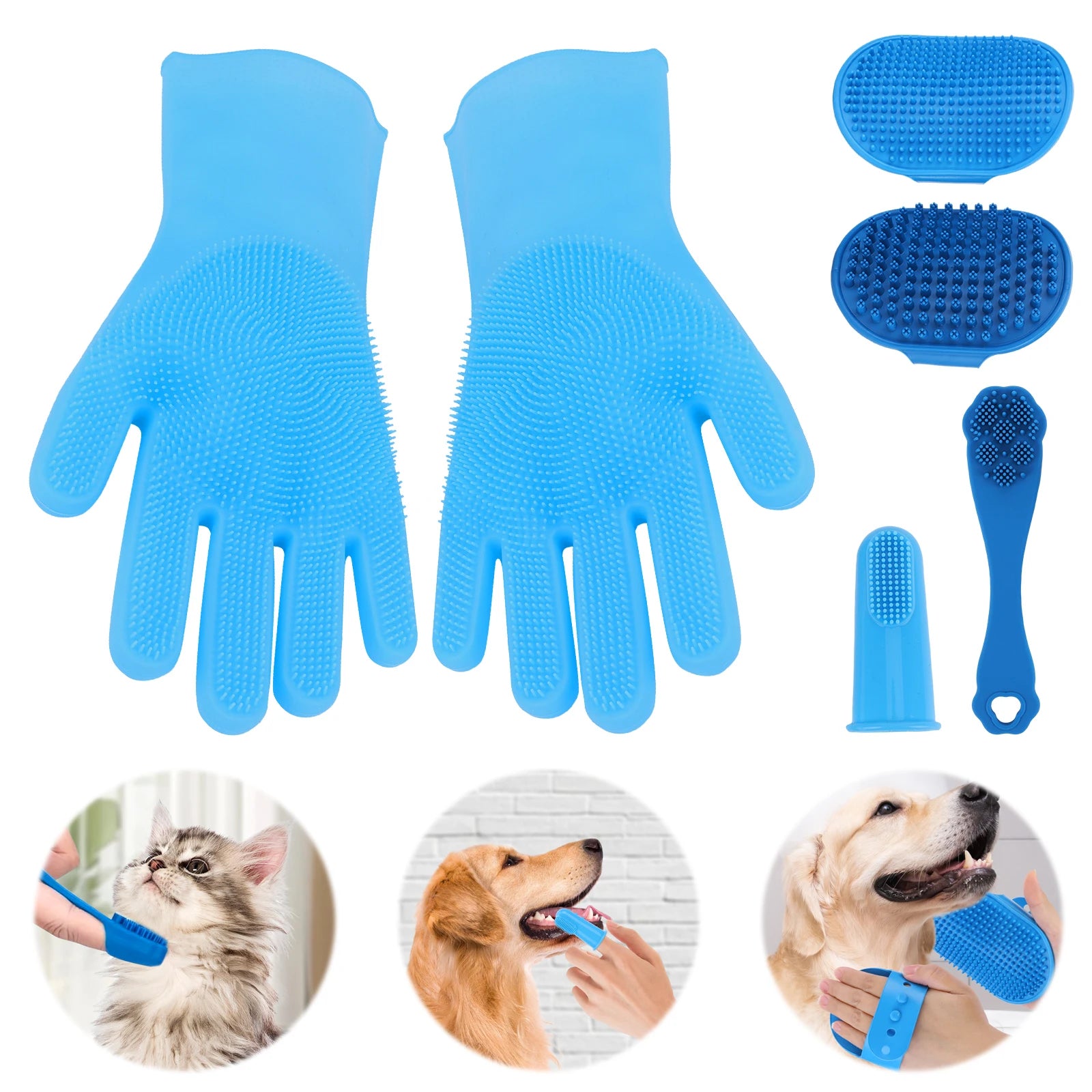 6PCS Pet Grooming Kit Silicone Dog Bath Brush Dog Toothbrush Finger Pet Grooming Gloves for Dog Cat Bathing Massaging & Grooming