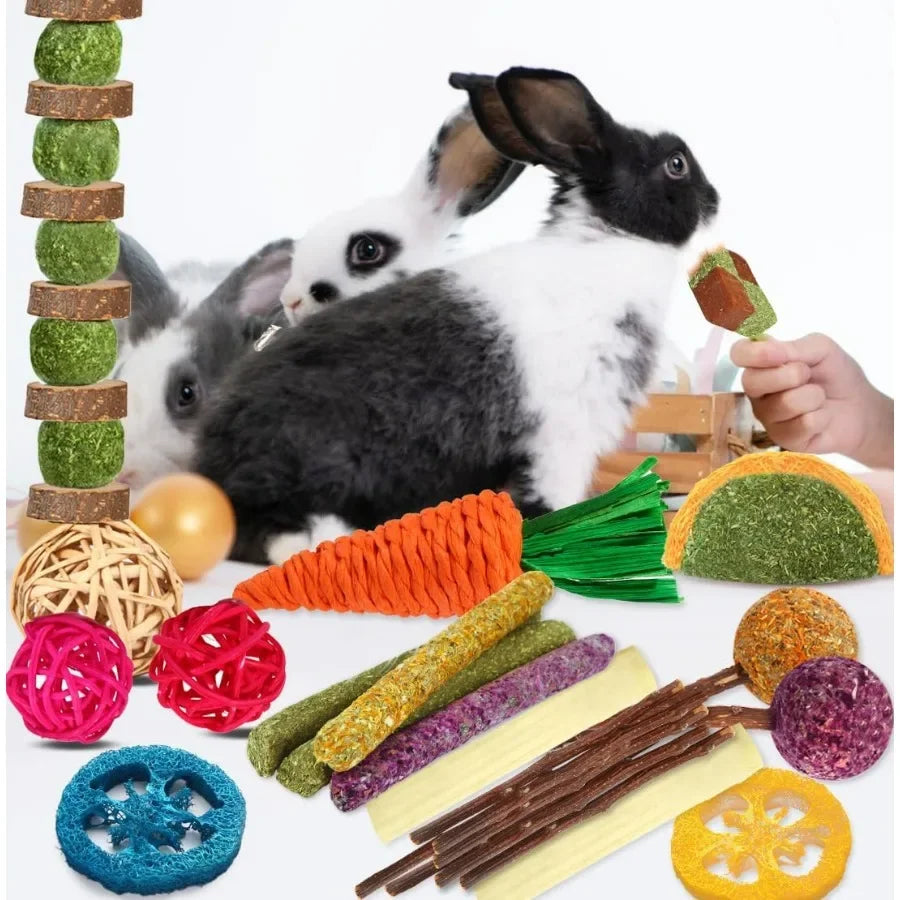 Natural Timothy Hay and Apple Wood Sticks for Small Pets Teeth Care Handmade Chew Toys Set of 27 Pieces Ideal for Rabbits Guine