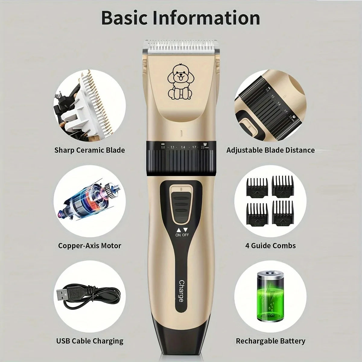 Electric Pet Grooming Kit - USB Rechargeable, Cordless Trimmer for Dogs & Cats , Professional Shaver Tool Set, Dog Grooming