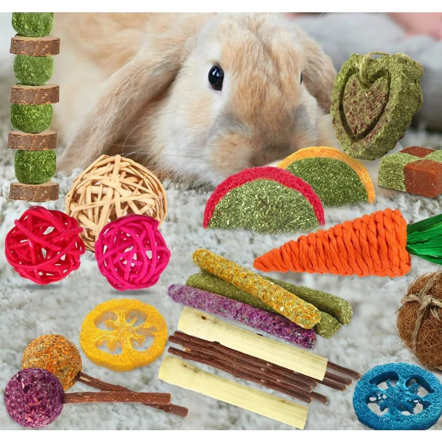 Natural Timothy Hay and Apple Wood Sticks for Small Pets Teeth Care Handmade Chew Toys Set of 27 Pieces Ideal for Rabbits Guine
