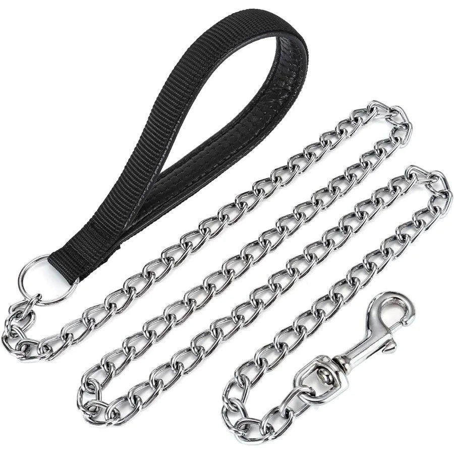 Chain Dog Leash 4FT Heavy Duty Chain Link Dog Leash Anti Chew Durable Chain Leash with Black Comfortable Soft Padded Handle for
