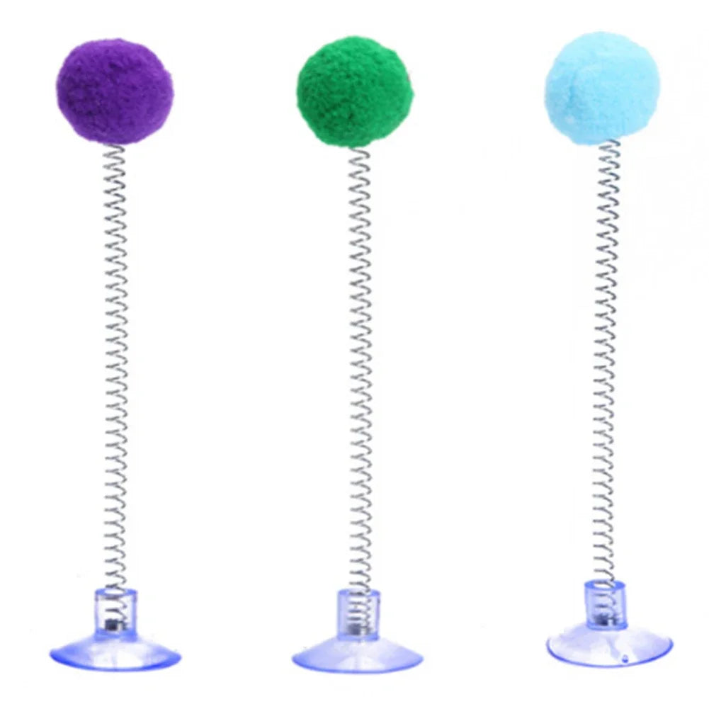 1PC Multicolored Fur Ball Spring Cat Toy with Suction Cup Teaser Wand Interactive Pet Scratcher Random Color for Cats