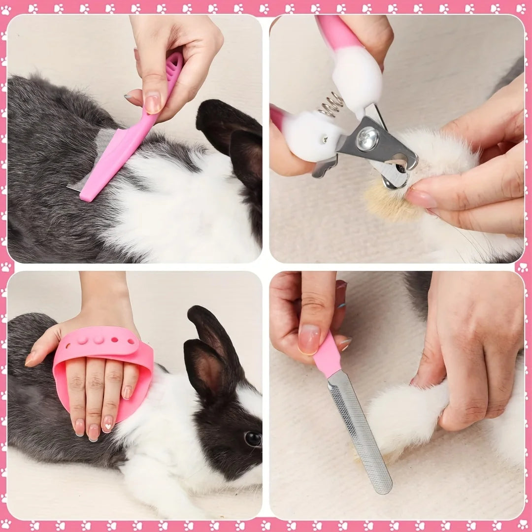 8-Piece Rabbit Grooming Kit with Silicone Brushes and Rubber Bristles - Pet Grooming Set for Small Animals - Includes Nail Clipp