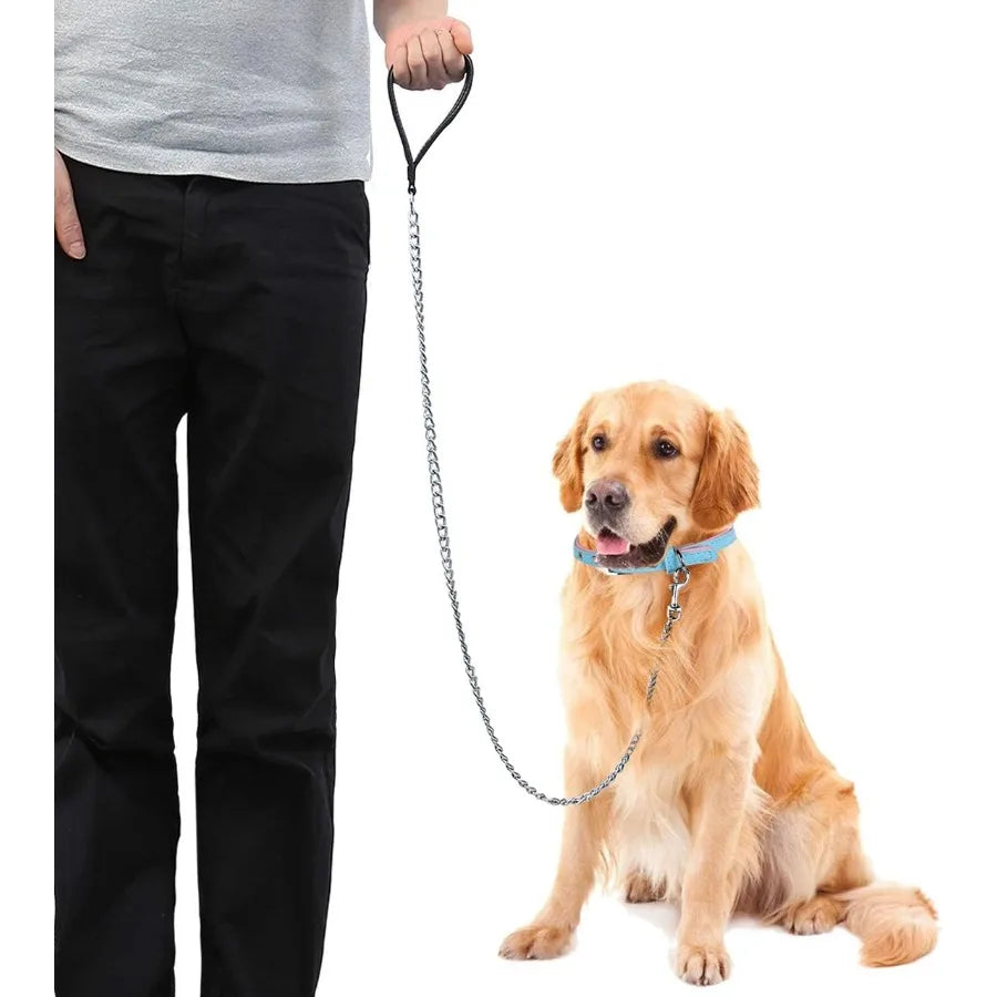 Chain Dog Leash 4FT Heavy Duty Chain Link Dog Leash Anti Chew Durable Chain Leash with Black Comfortable Soft Padded Handle for